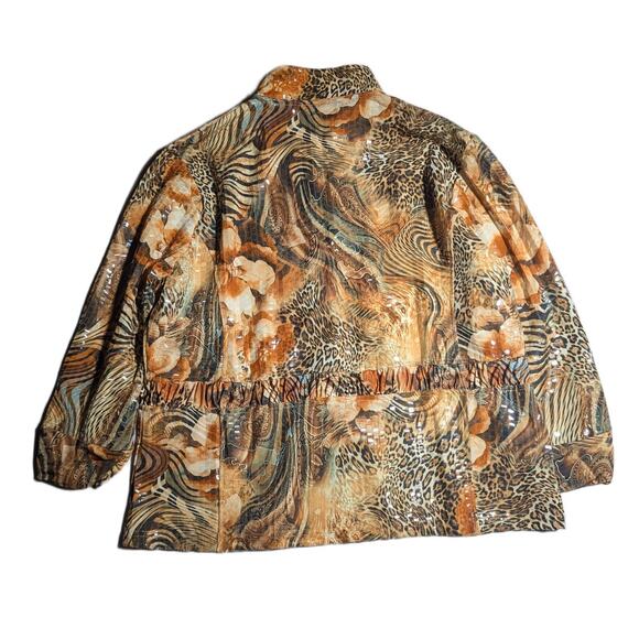 Vtg Y2K Erin London Beige Abstract Animal Print Clear Sequin Zip Up Jacket P XL - Picture 2 of 5